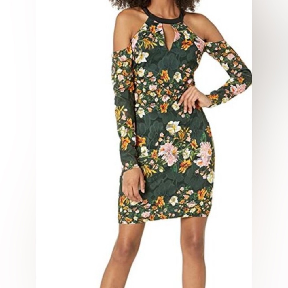 Guess Cold Shoulder Body con Dress - Green with Floral Design